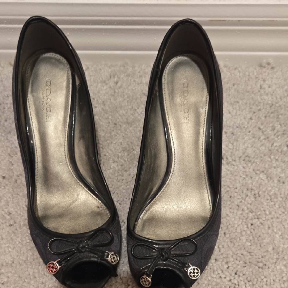 Coach Black Peep-Toe Heels with Charm Detail FRONT NEEDS LIGHT GLUE DOWN